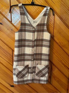 Pink Lily Cream & Brown Plaid Button-Front Pinafore Dress